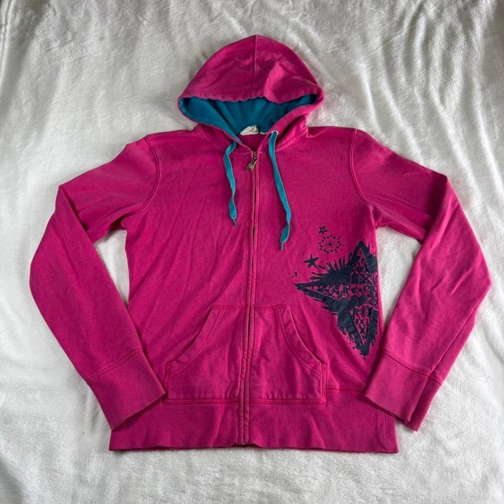 Roxy 2009 pink teal graphic full zip hooded sweater y2k vintage grunge skater - Picture 3 of 8